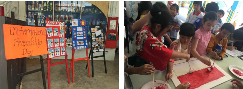 Left: an orange sign reading International Friendship Day beside ASEAN display boards. Right: children painting with red paint on paper.